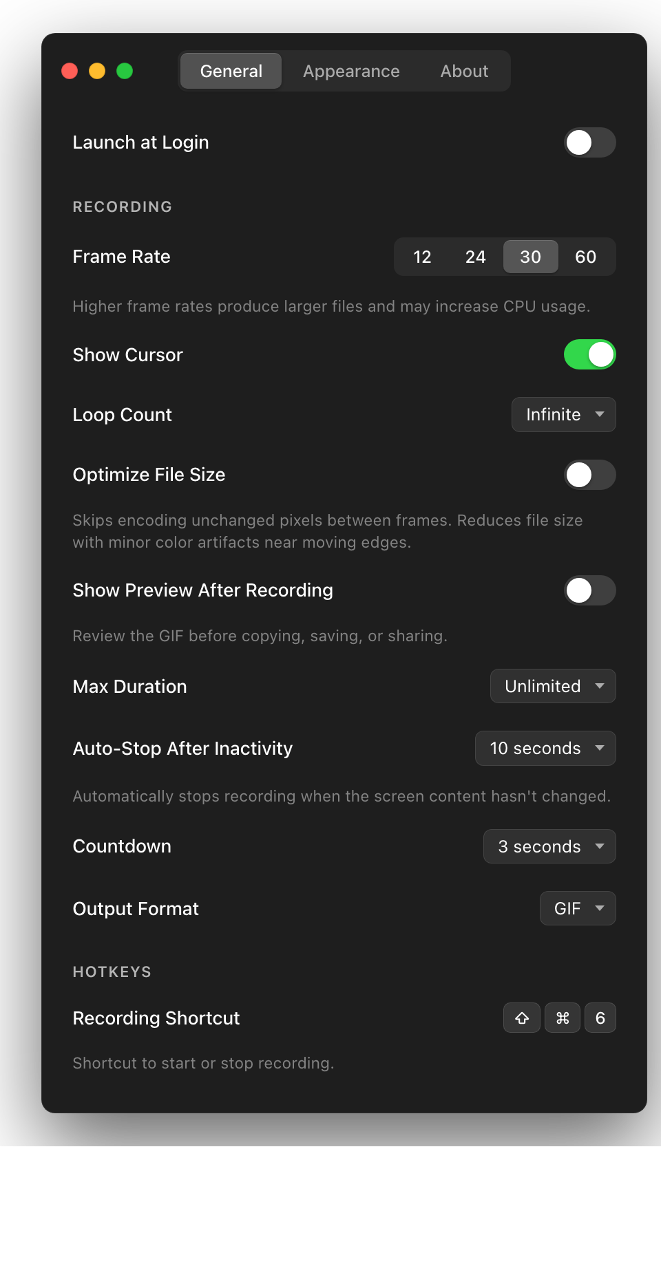 QuikGIF general settings